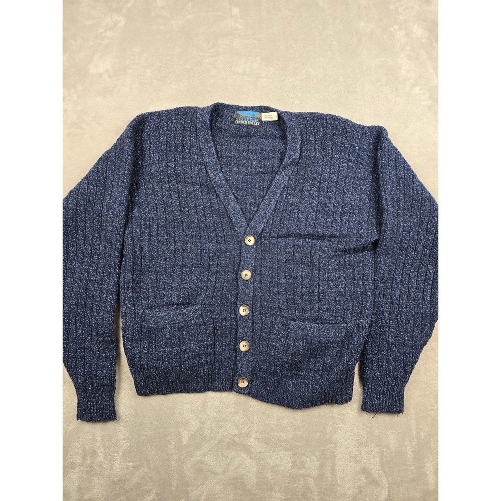 Vintage Timber Valley Cardigan Sweater Mens L Blue Wool Blend Knit Made In USA